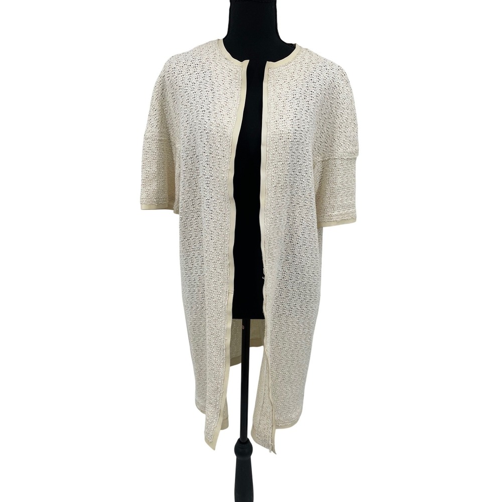 Elie Tahari Cardigan Womens M Ivory Cotton Leather Trim Open Knit Long Coat Chic